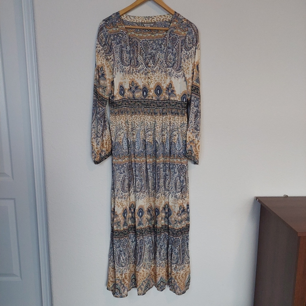 Isabella Bird Paisley Print V-neck Long Sleeve Silk‎ Midi Dress Size 10